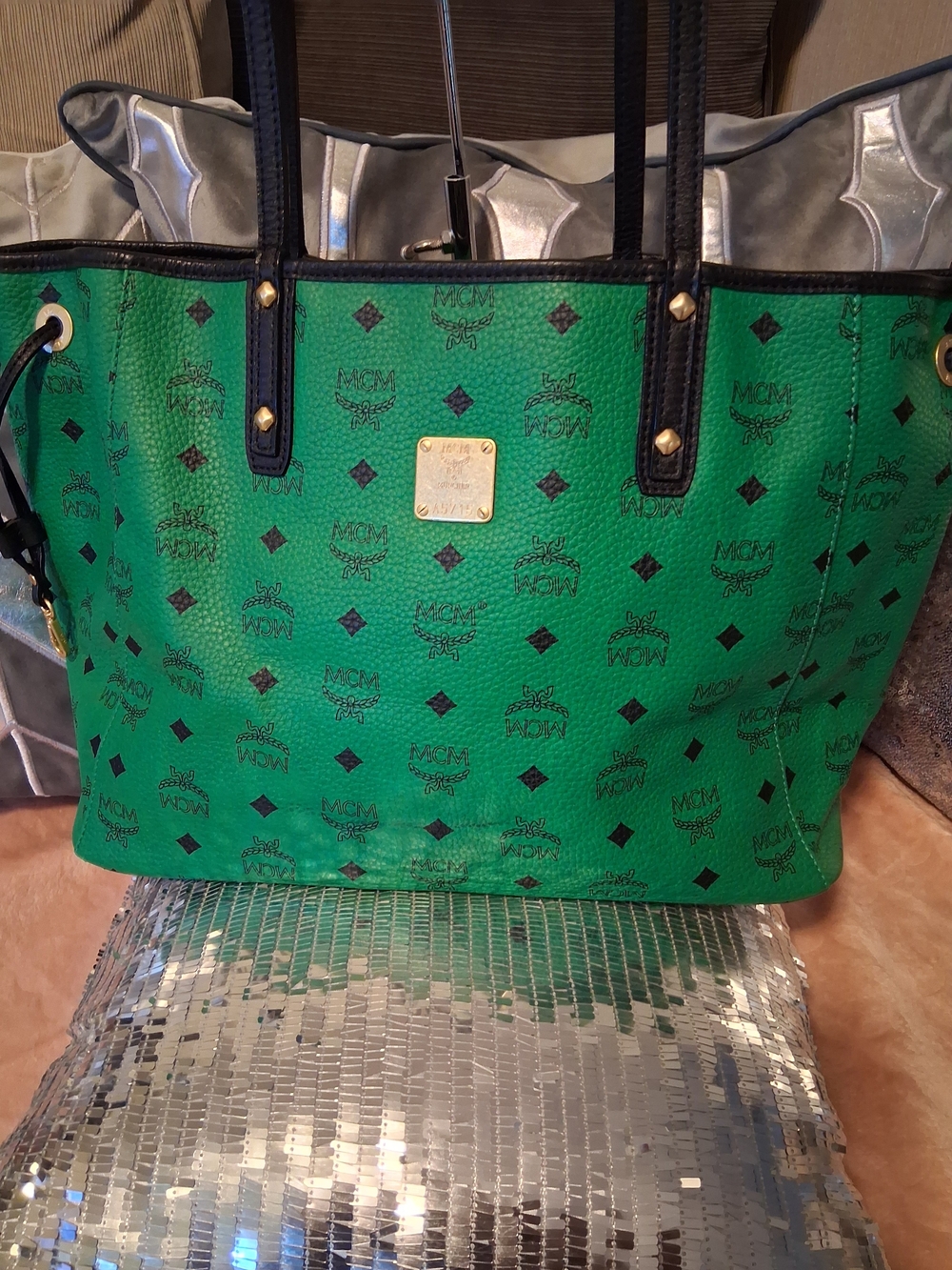 MCM Green Logo Coated Canvas Tote with Black Handles